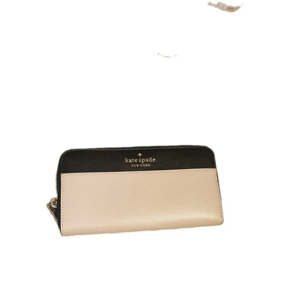 NWT Kate Spade Continental Wallet Beige Black Leather Zip Around Slim